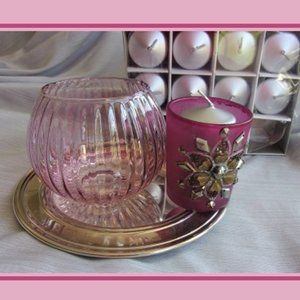 Silver Tray Pink Globe Fuchsia Beaded Votive Cup